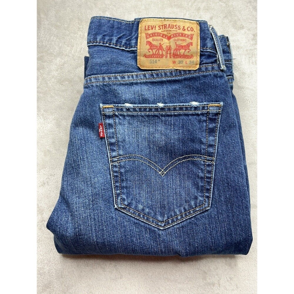 Levi’s 514 Jeans Men 32x34 (Actual 31x33) Blue Straight Distressed Whiskers